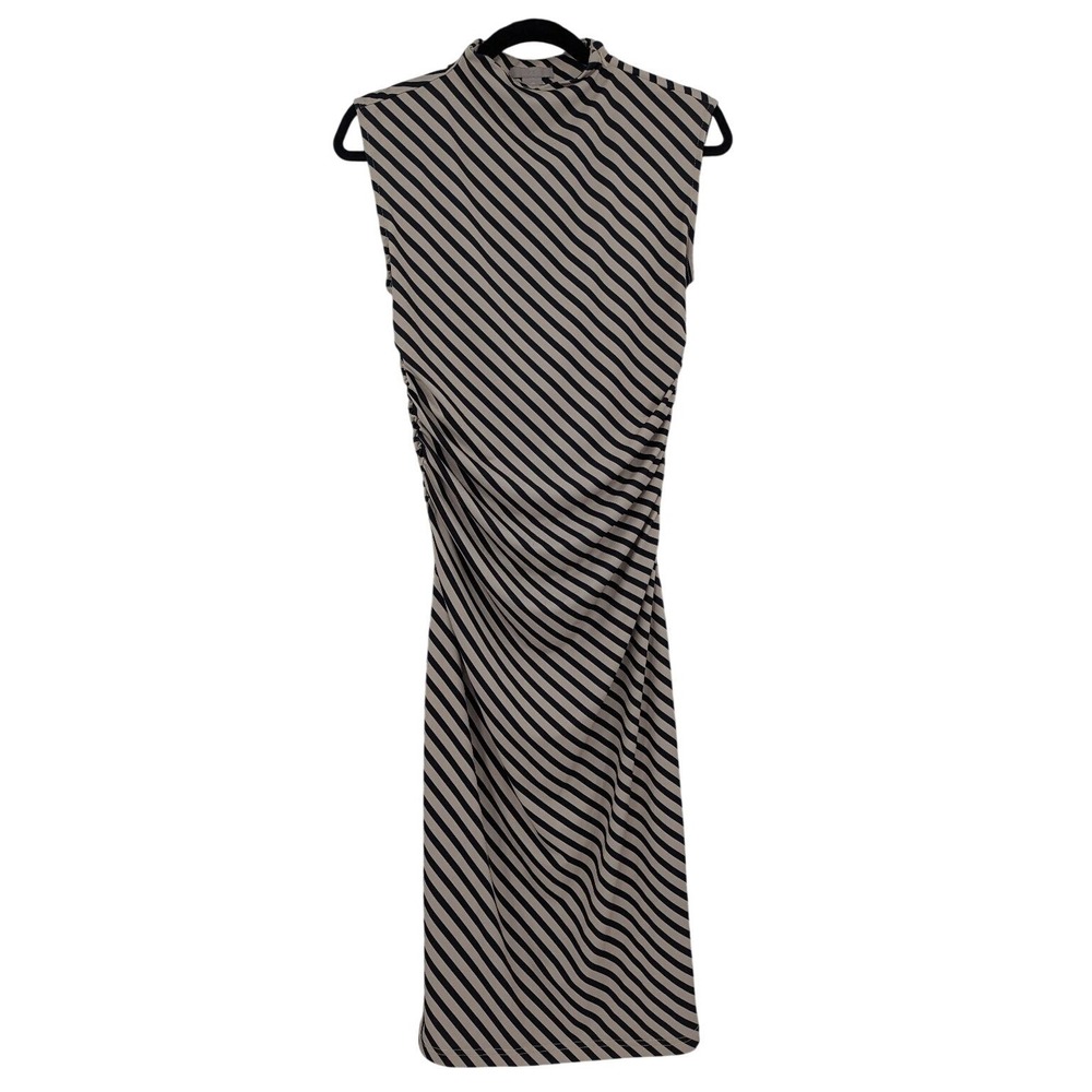 H&M Striped Ruched Midi Dress M Beige Black Mock Neck Sleeveless Office Siren